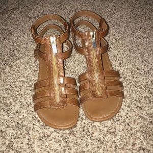 tan gladiator sandals with gold zipper!